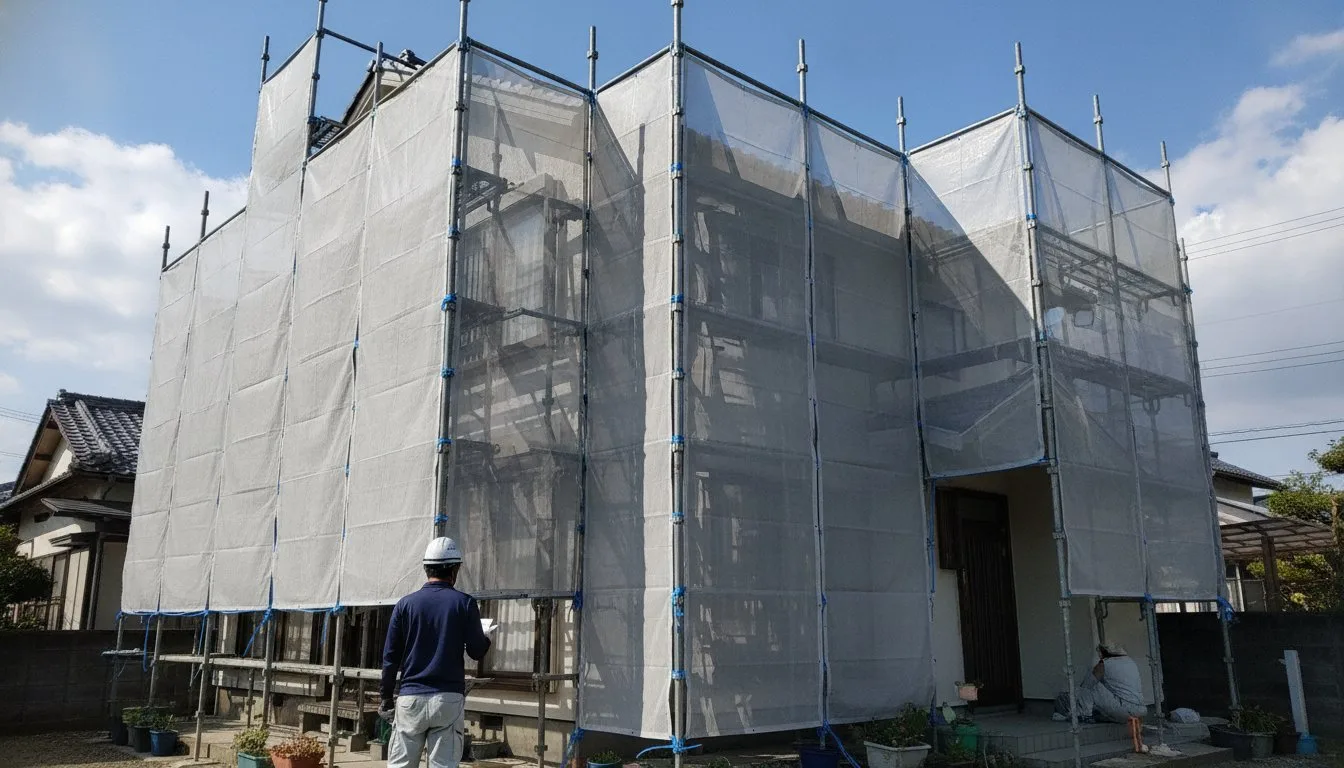 メッシュシートで覆われた塗装工事中の住宅（イメージ）