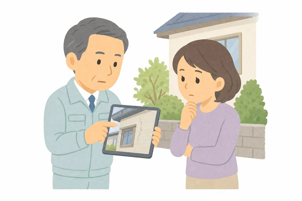 診断士が写真を見せながらひび割れの状態を説明し、安心する相談者(イラスト)