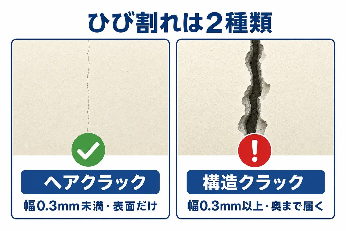ヘアクラックと構造クラックの違いの図解。幅0.3mmが目安(イラスト)