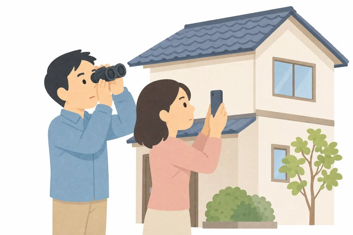 双眼鏡とスマホで家を点検する夫婦（イラスト）