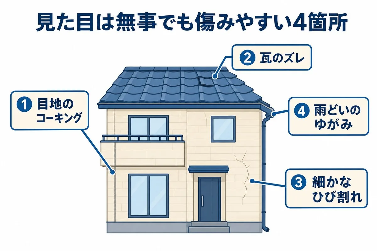 見た目は無事でも傷みやすい4箇所。目地のコーキング・瓦のズレ・細かなひび割れ・雨どいのゆがみ（図解）