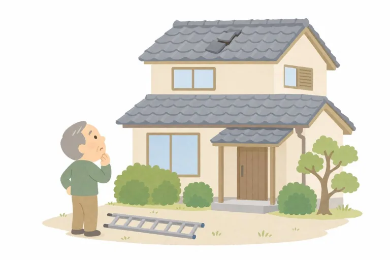 地震でズレた屋根瓦を庭から見上げ、はしごを前に迷う男性(イラスト・イメージ)