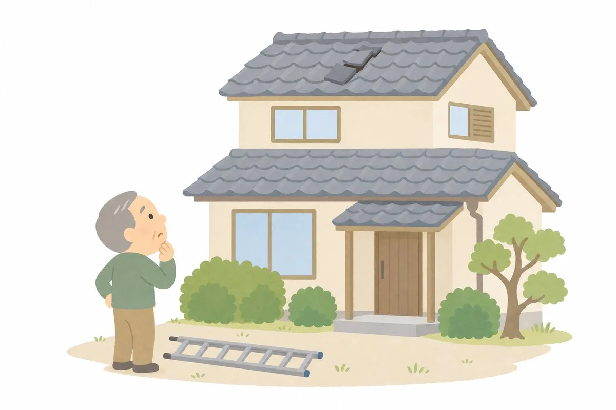 地震でズレた屋根瓦を庭から見上げ、はしごを前に迷う男性（イラスト・イメージ）