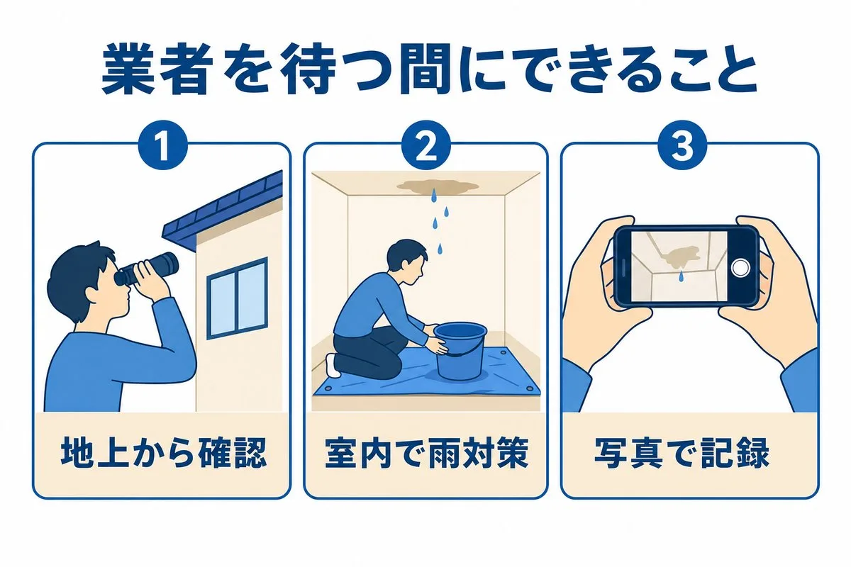 業者を待つ間にできる3つのこと。地上から確認・室内で雨対策・写真で記録（図解）