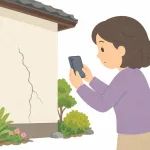 外壁の被害をスマホで撮影する女性（イラスト・イメージ）