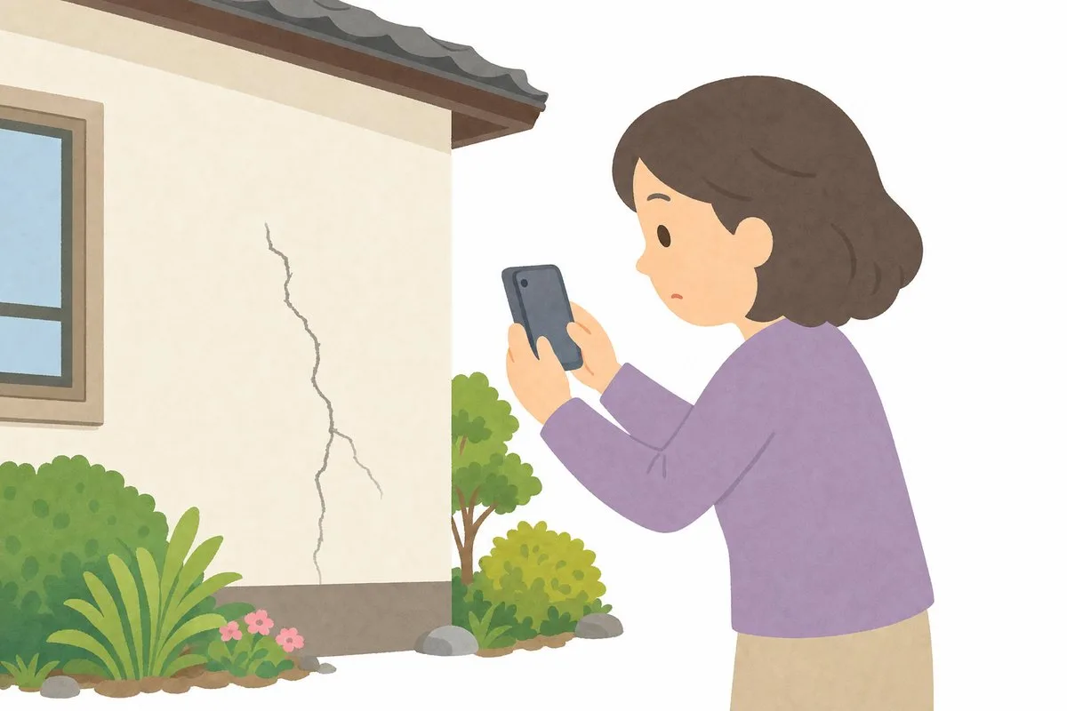 外壁の被害をスマホで撮影する女性（イラスト・イメージ）