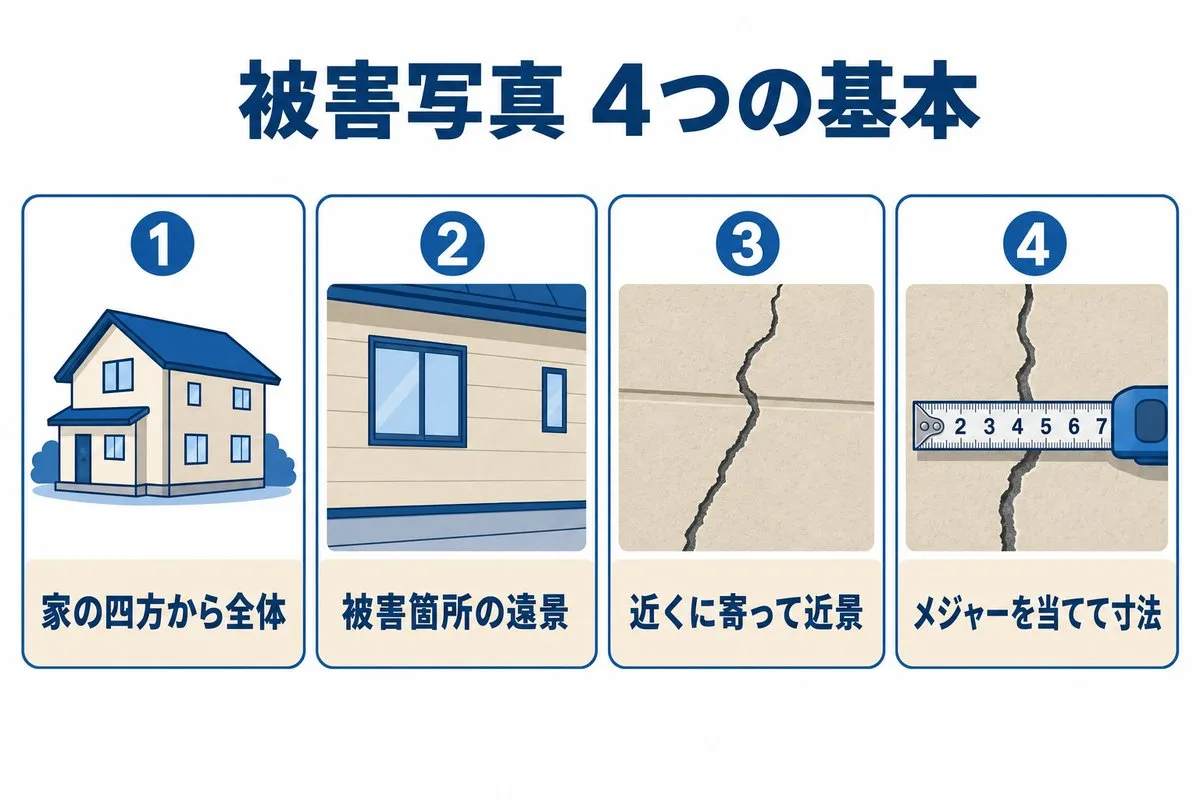 被害写真4つの基本。家の四方から全体・被害箇所の遠景・近景・メジャーを当てて寸法（図解）