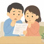 罹災証明の結果を前に困惑する夫婦（イラスト・イメージ）