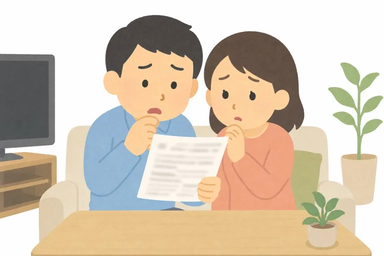 罹災証明の結果を前に困惑する夫婦(イラスト・イメージ)