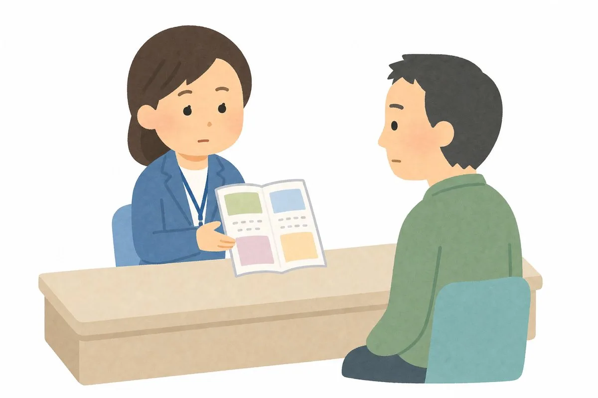 市役所の窓口で相談する男性(イラスト)
