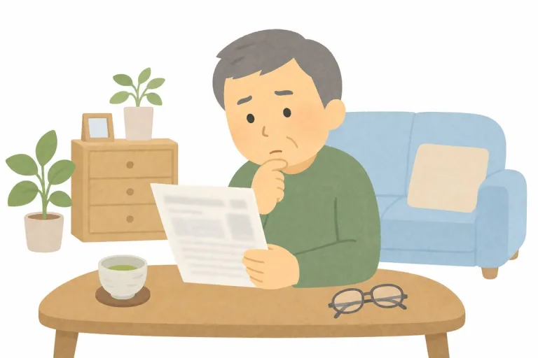 保険証券を確認する男性(イラスト・イメージ)