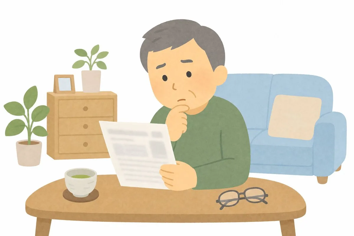 保険証券を確認する男性（イラスト・イメージ）