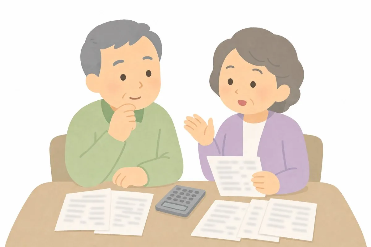 電卓と書類を前に受取額を概算する夫婦(イラスト)