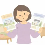 2つの保険パンフレットを見比べて首をかしげる女性（イラスト・イメージ）