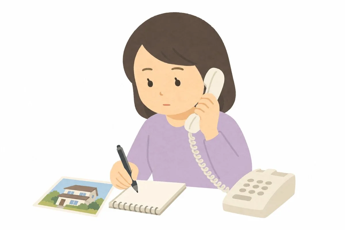 写真とメモを手元に置いて保険会社に確認の電話をする女性(イラスト)