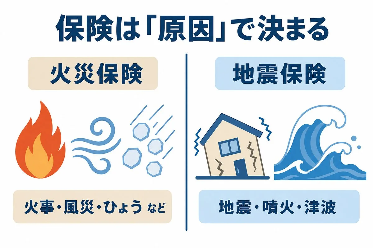 保険は原因で決まる。火災保険は火事・風災など、地震保険は地震・噴火・津波(図解)