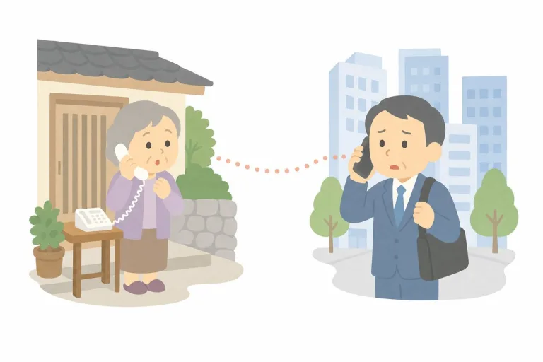 熊本の実家の母と、離れて暮らす息子の電話(イラスト・イメージ)