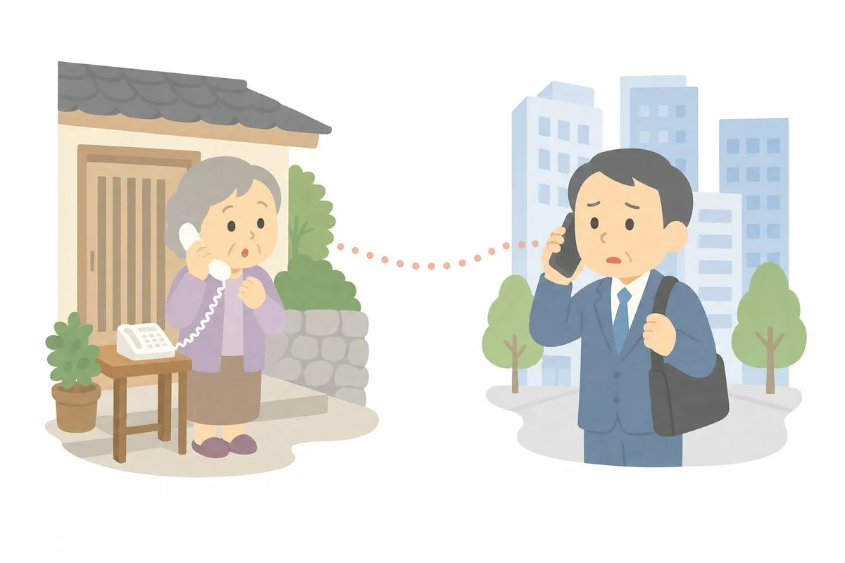 熊本の実家の母と、離れて暮らす息子の電話（イラスト・イメージ）