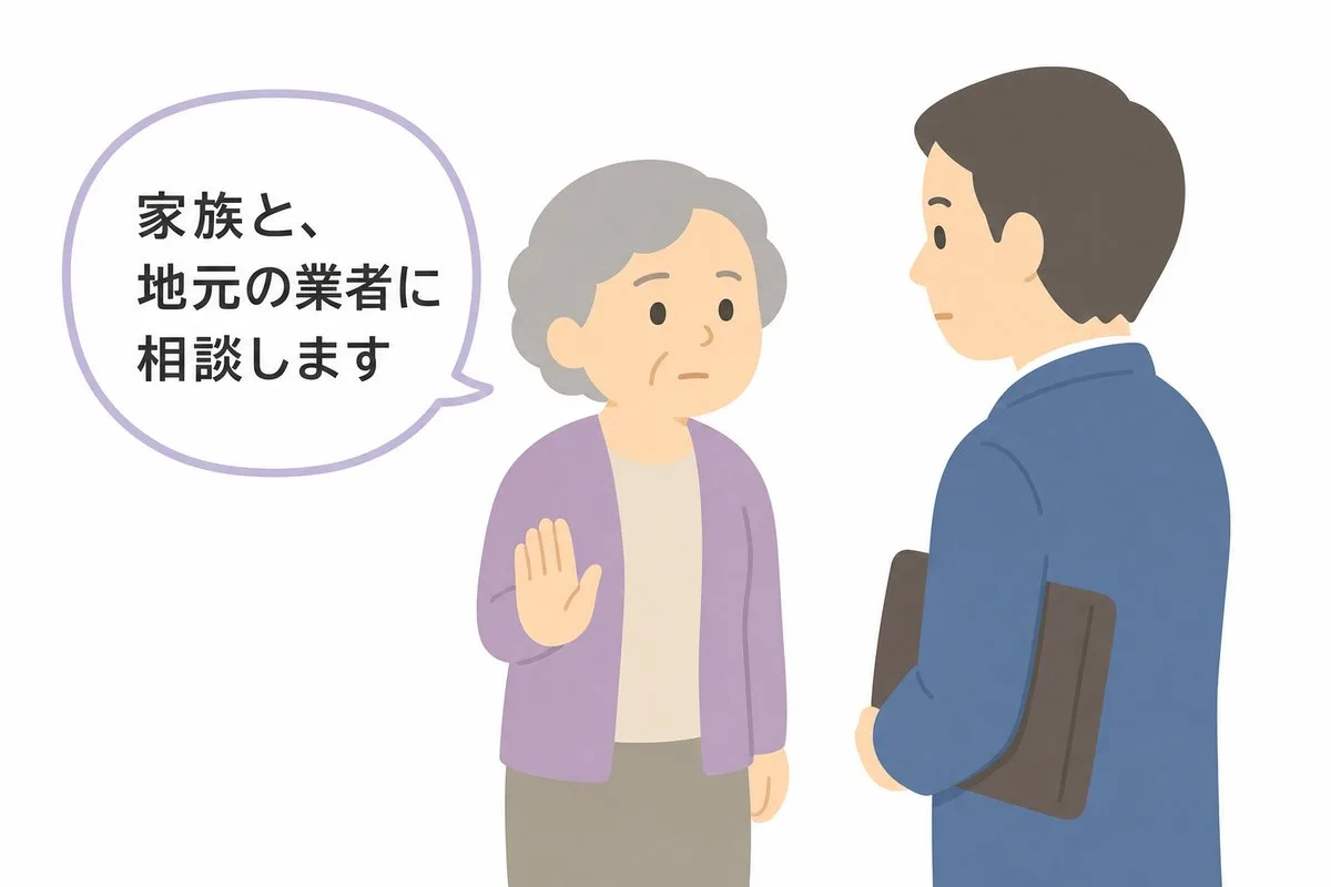 訪問業者への落ち着いた断り方の例（イラスト）
