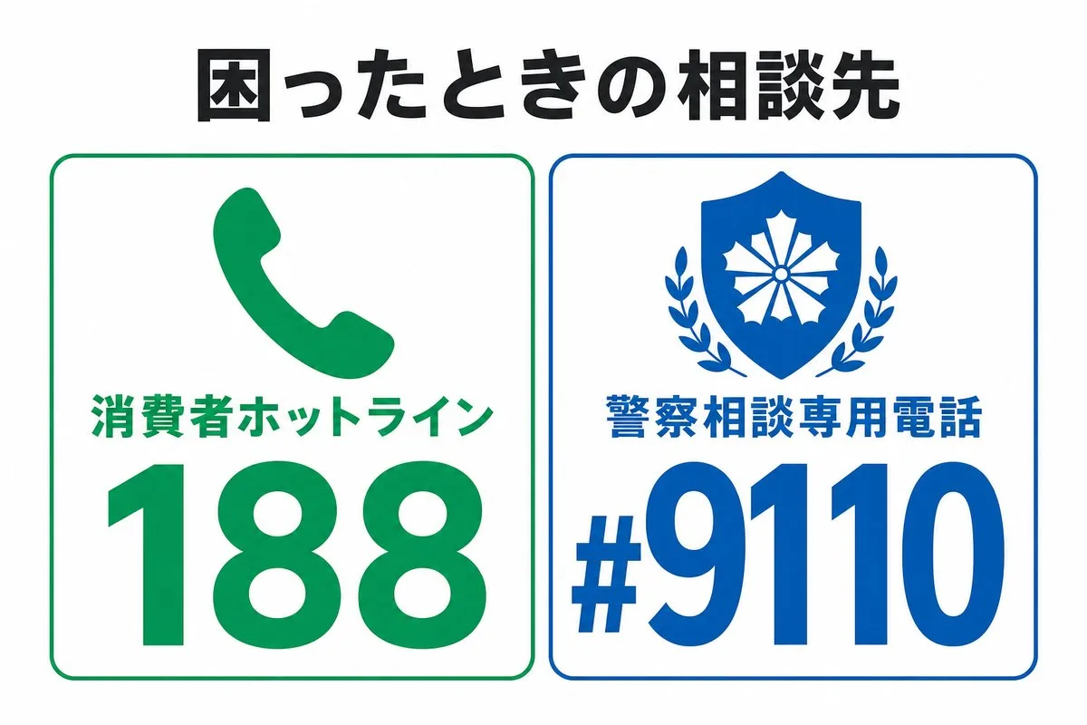 困ったときの相談先。消費者ホットライン188と警察相談#9110（図解）