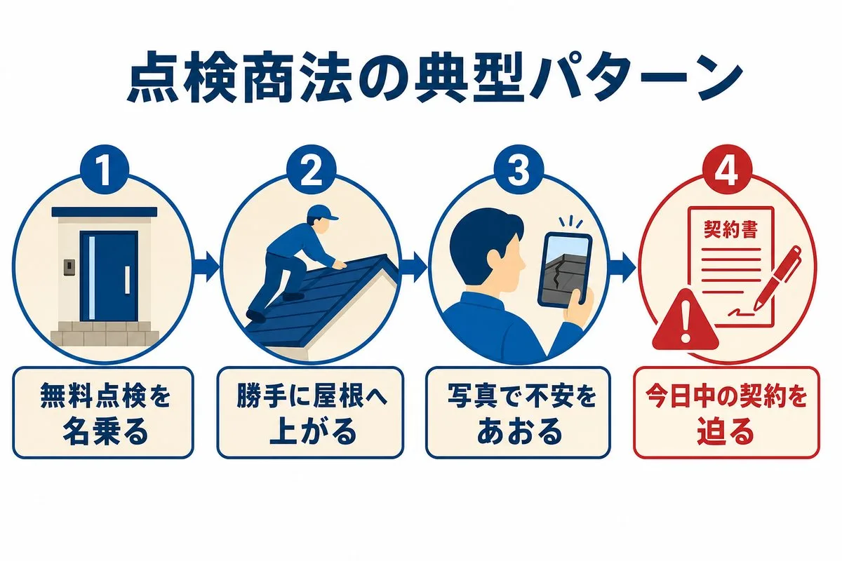 点検商法の典型4ステップの図解。無料点検、屋根に上がる、不安をあおる、即日契約（図解）