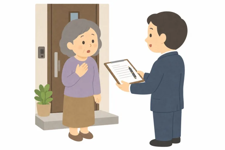 玄関先で契約書を前に戸惑う女性(イラスト・イメージ)