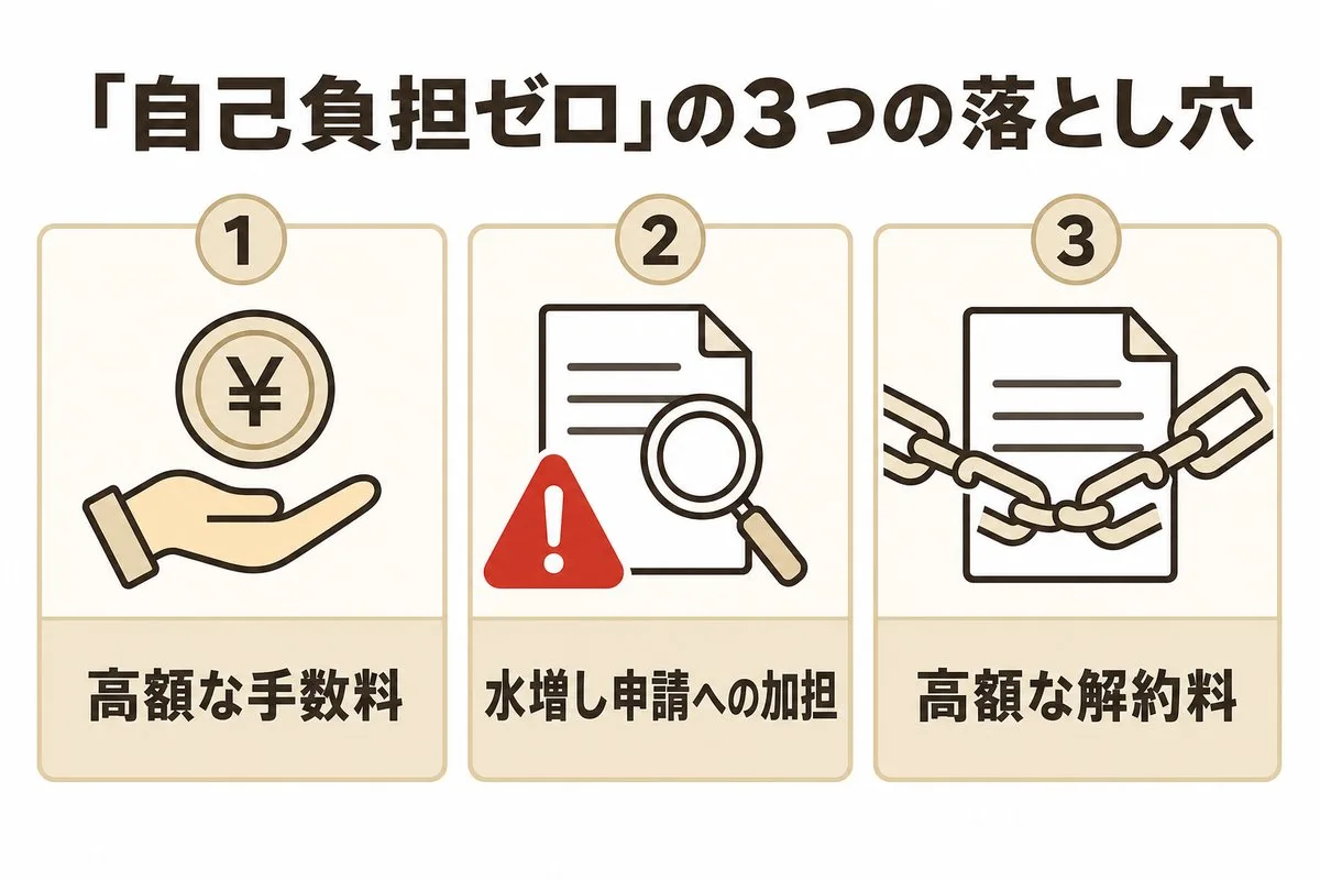 自己負担ゼロ勧誘の3つの落とし穴。高額な手数料・水増し申請への加担・高額な解約料(図解)