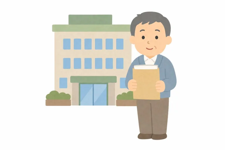 市役所の前で申請書類を持つ男性(イラスト・イメージ)