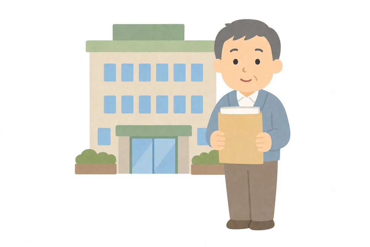 市役所の前で申請書類を持つ男性（イラスト・イメージ）