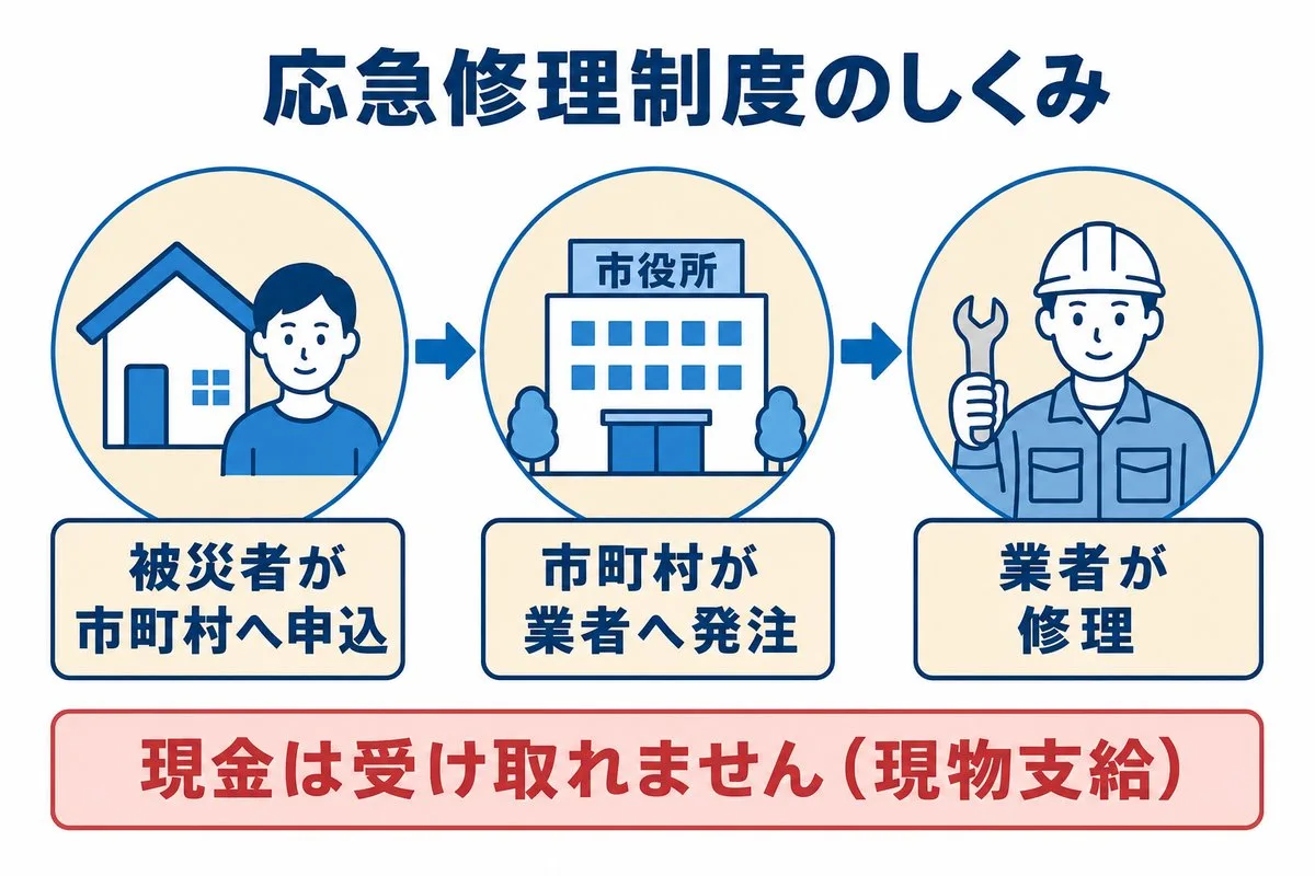 応急修理制度のしくみ。被災者が市町村へ申込、市町村が業者へ発注、業者が修理。現金は受け取れない現物支給（図解）