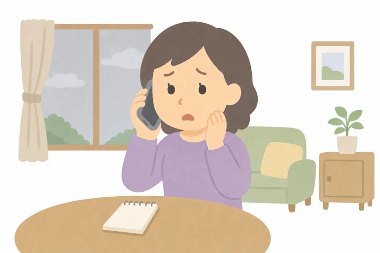 業者に電話がつながらず困る女性（イラスト・イメージ）