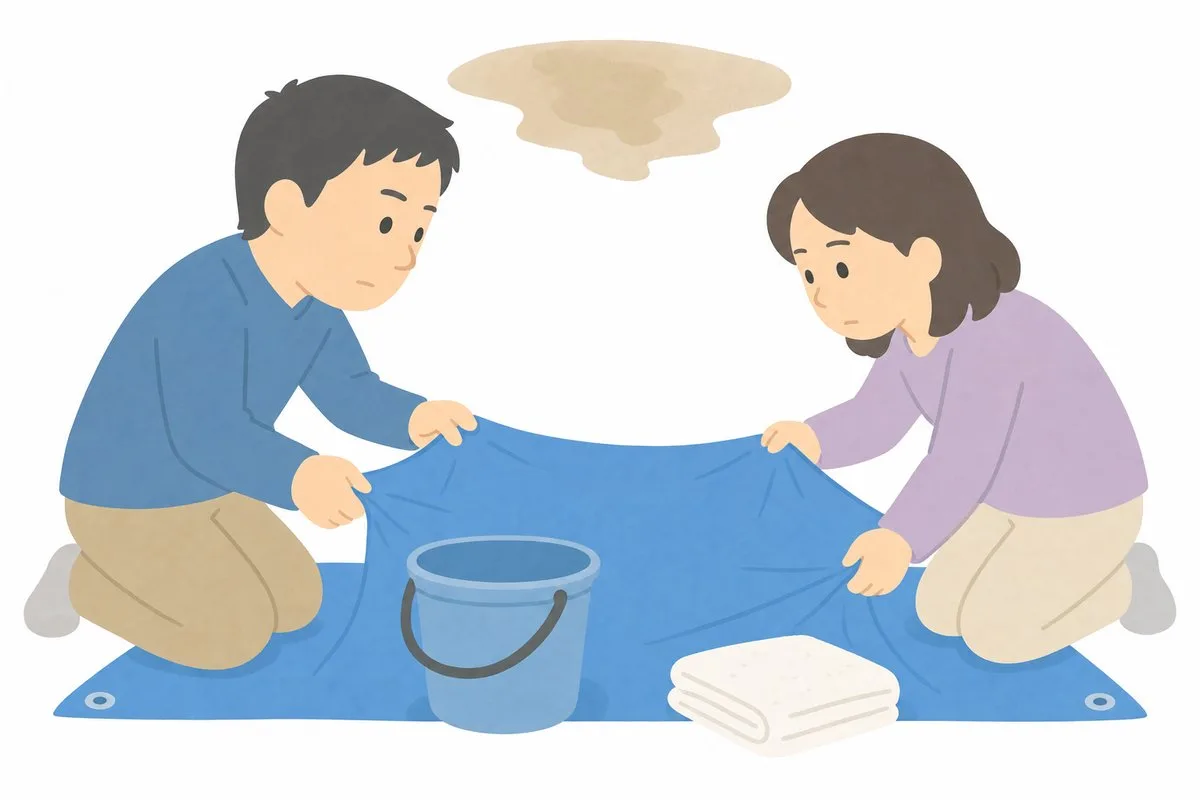 天井のシミの下に防水シートとバケツを置いて雨に備える夫婦(イラスト)