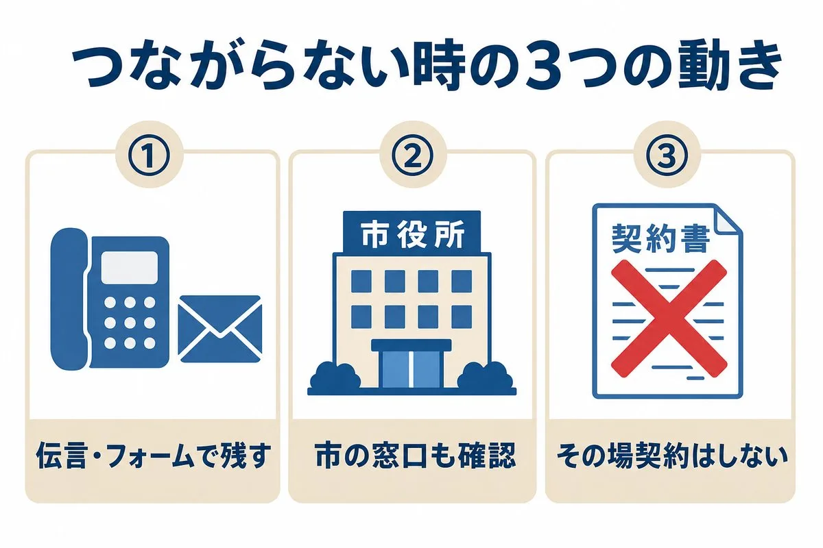 電話がつながらない時の3つの動き方。伝言を残す・市の窓口も確認・その場契約はしない(図解)