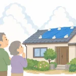 ブルーシートの掛かった屋根を見上げる夫婦（イラスト・イメージ）