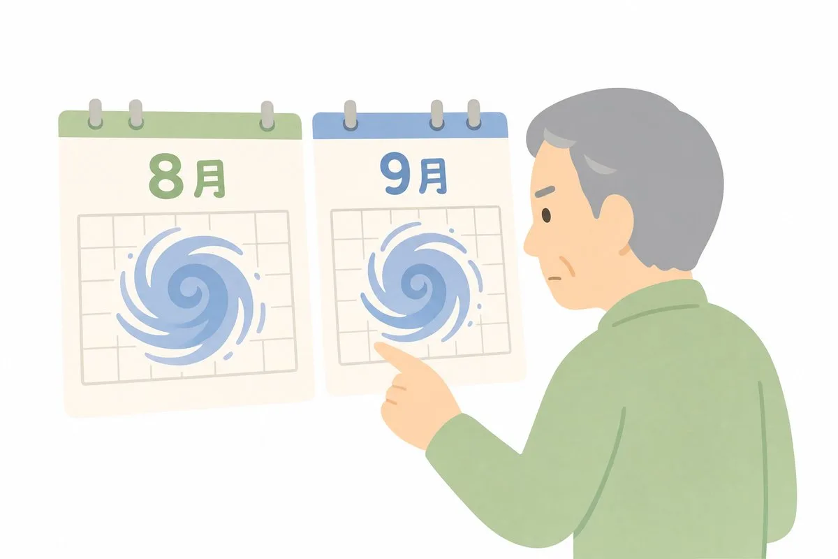 8月9月の台風シーズンに向けて備えを確認する男性（イラスト）