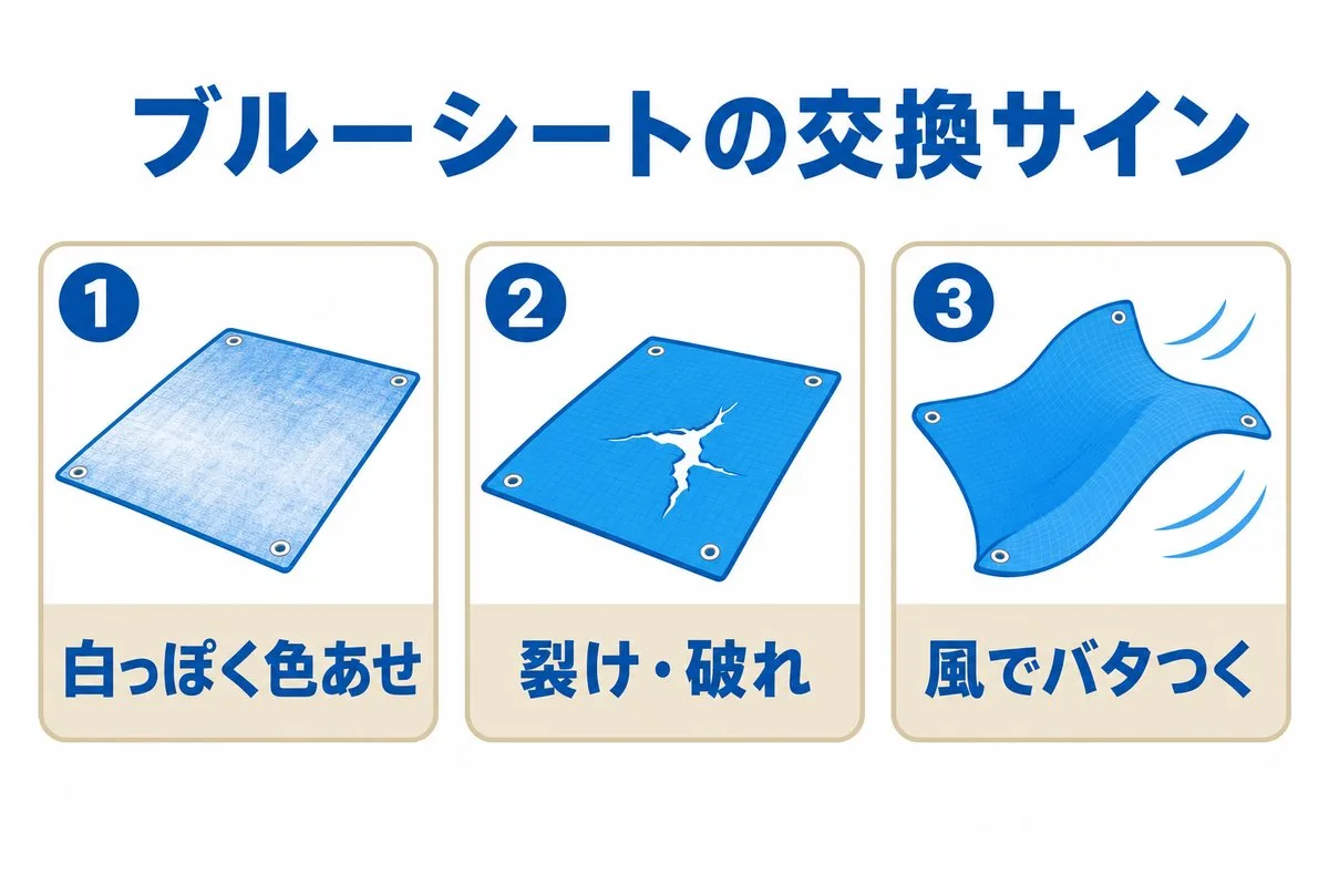 ブルーシートの交換サイン。白っぽく色あせ・裂けや破れ・風でバタつく（図解）
