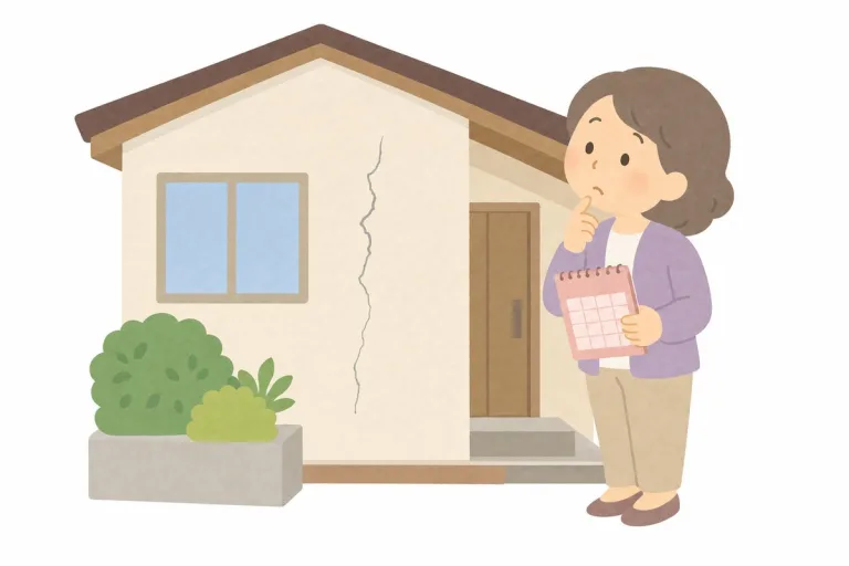 外壁のひびを前に修理の時期を考える女性(イラスト・イメージ)