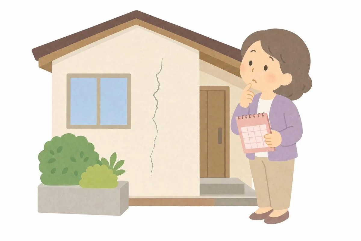 外壁のひびを前に修理の時期を考える女性（イラスト・イメージ）