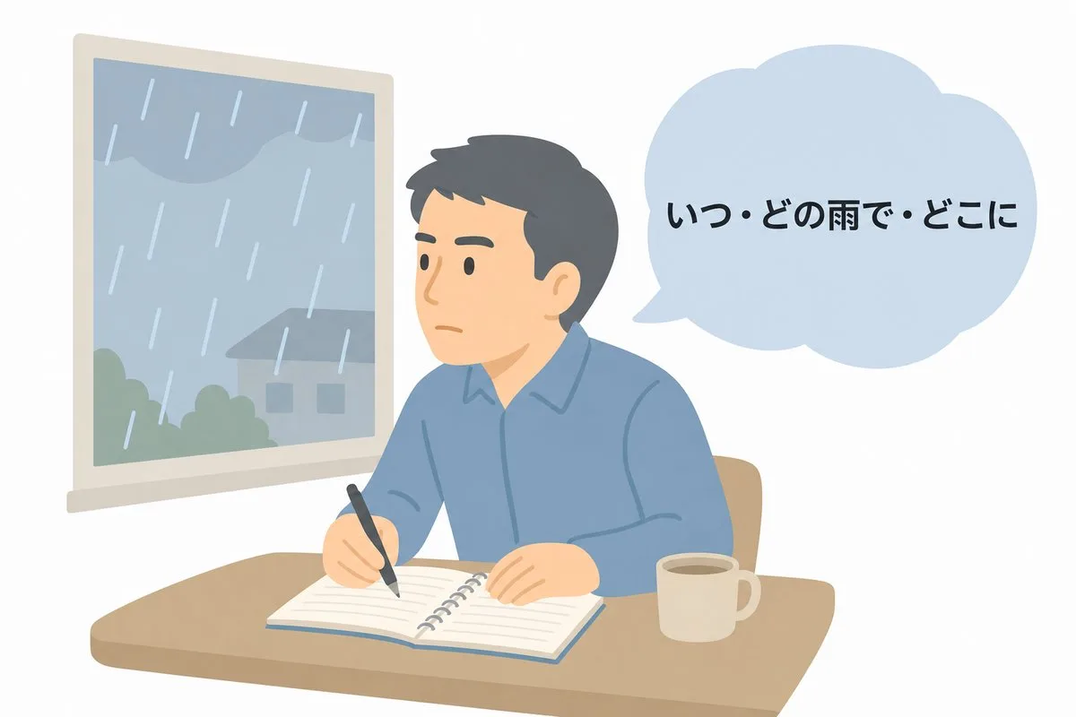 いつ・どの雨で・どこに漏れたかをメモする男性（イラスト）
