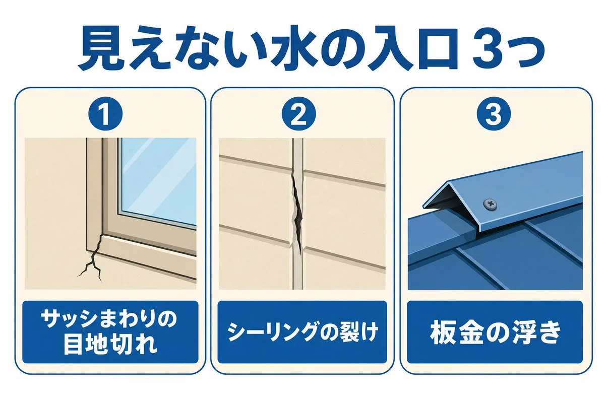 見えない水の入口3つ。サッシまわりの目地切れ・シーリングの裂け・板金の浮き（図解）