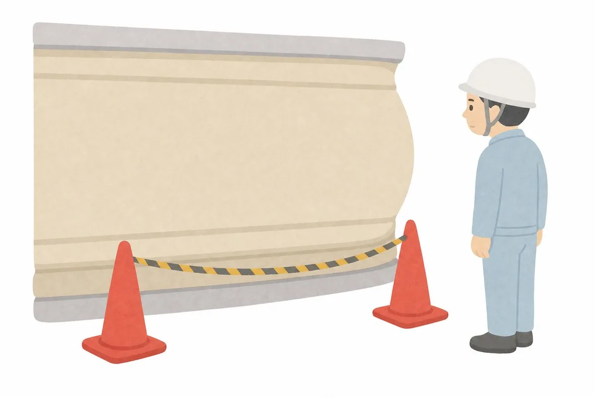 浮いた壁の下にカラーコーンとロープで人が近づかない対策（イラスト）