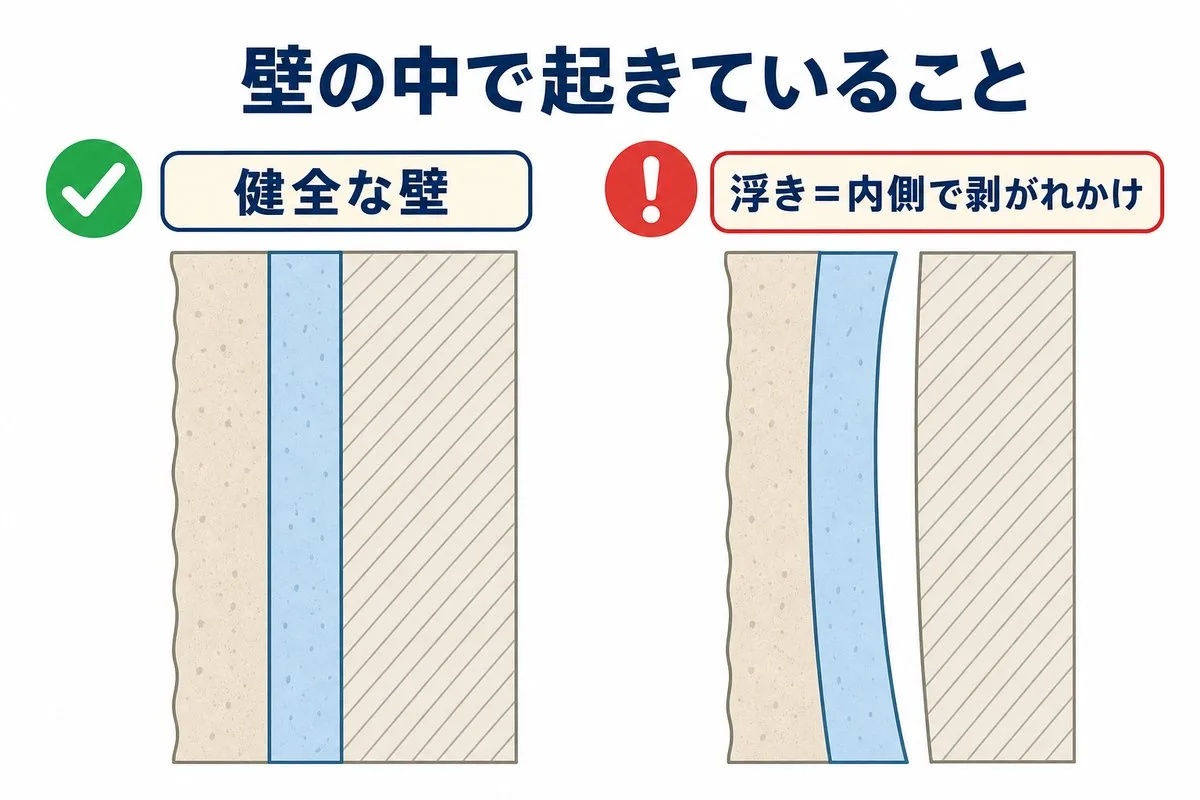壁の中で起きていること。健全な壁と、内側で剥がれかけた浮きの断面比較（図解）
