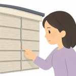 サイディングの目地の切れ目を確認する女性（イラスト・イメージ）