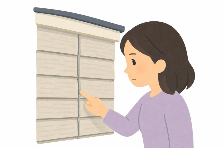 サイディングの目地の切れ目を確認する女性(イラスト・イメージ)