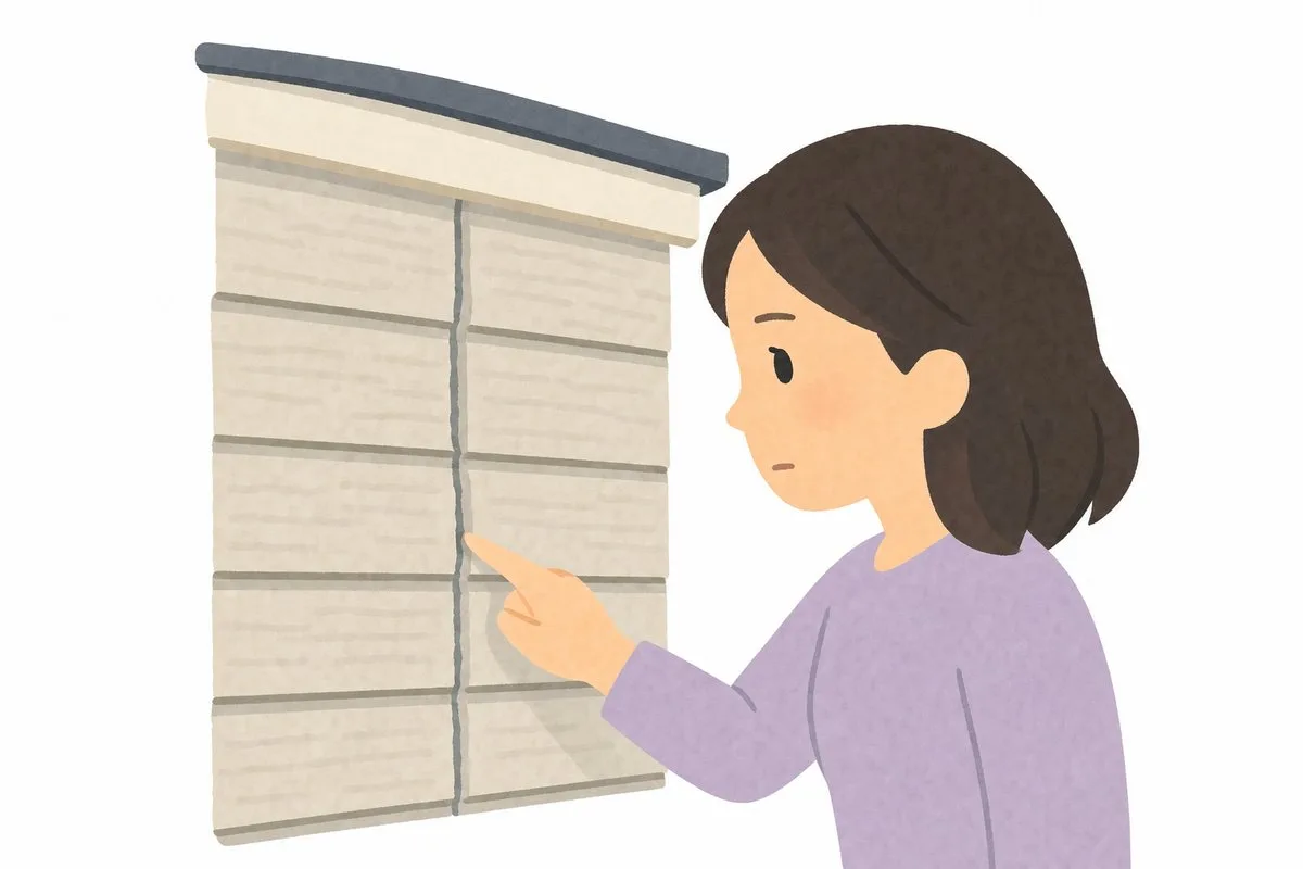 サイディングの目地の切れ目を確認する女性（イラスト・イメージ）
