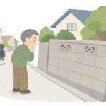 通学路沿いのわずかに傾いたブロック塀を心配する男性（イラスト・イメージ）