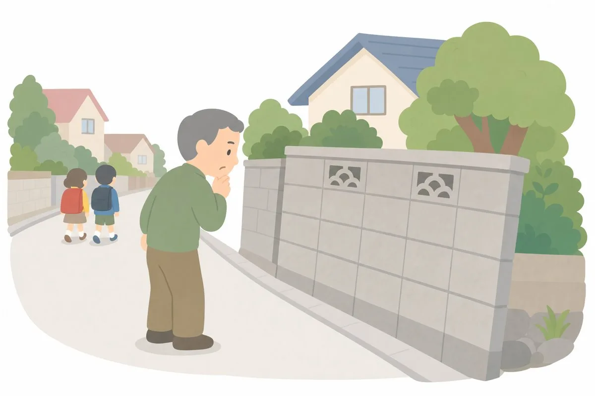 通学路沿いのわずかに傾いたブロック塀を心配する男性（イラスト・イメージ）