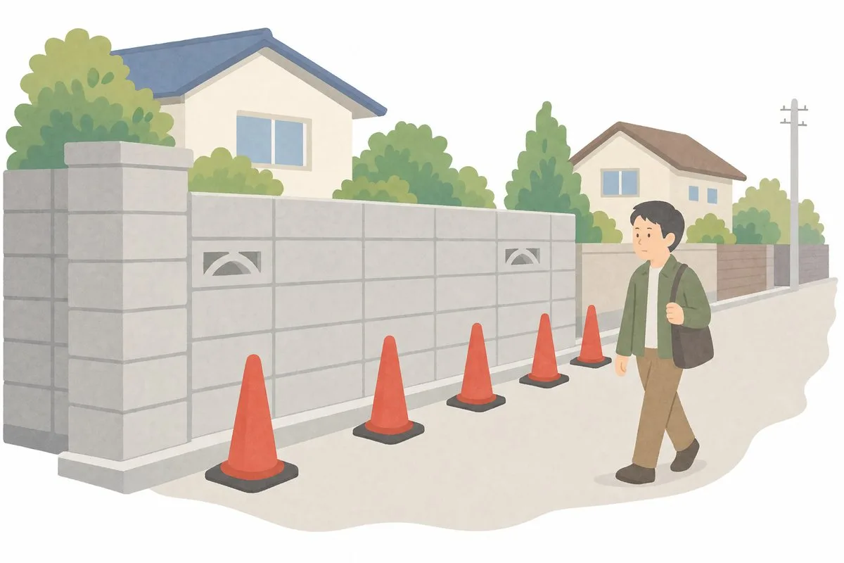 塀の前にカラーコーンを置き、通行人が離れて歩けるようにする対策（イラスト）
