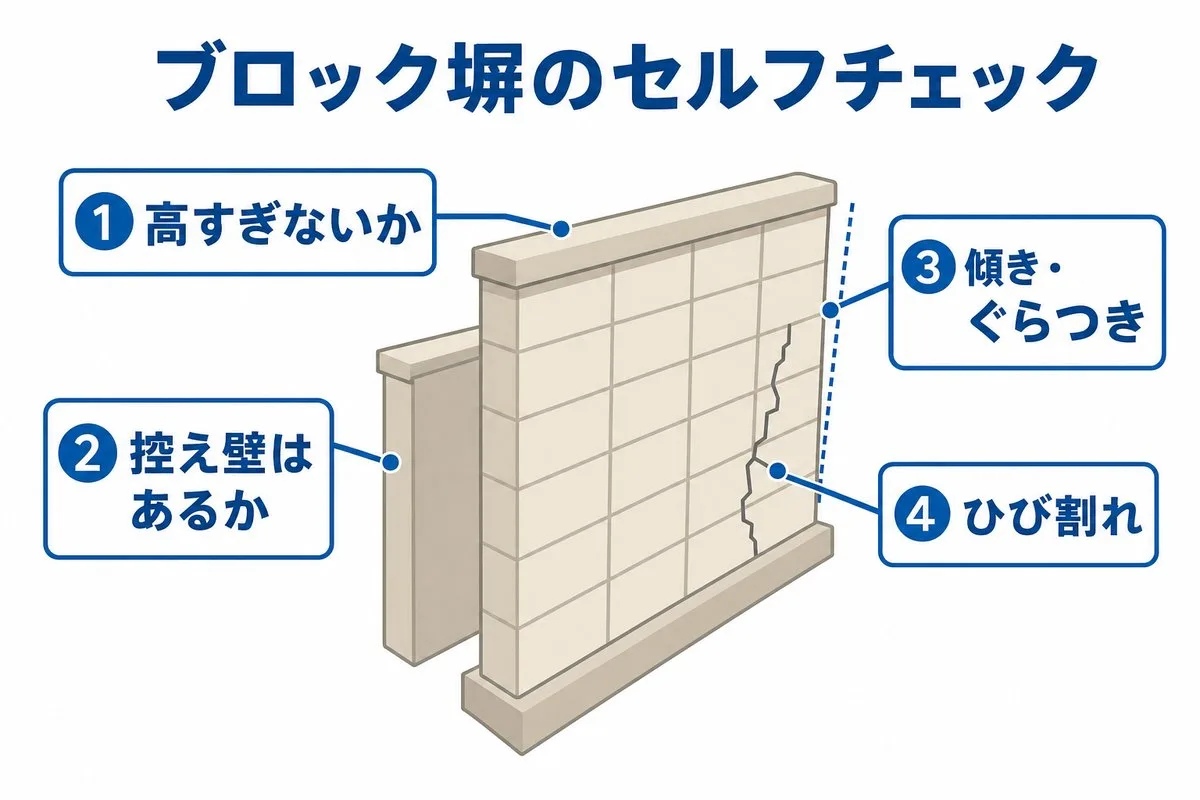 ブロック塀のセルフチェック。高すぎないか・控え壁はあるか・傾きぐらつき・ひび割れ（図解）