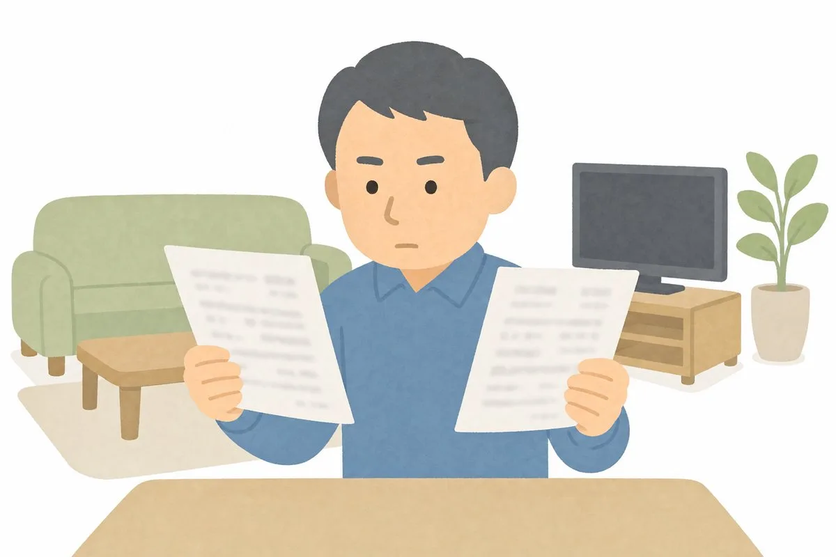 2枚の見積書を見比べる男性（イラスト・イメージ）